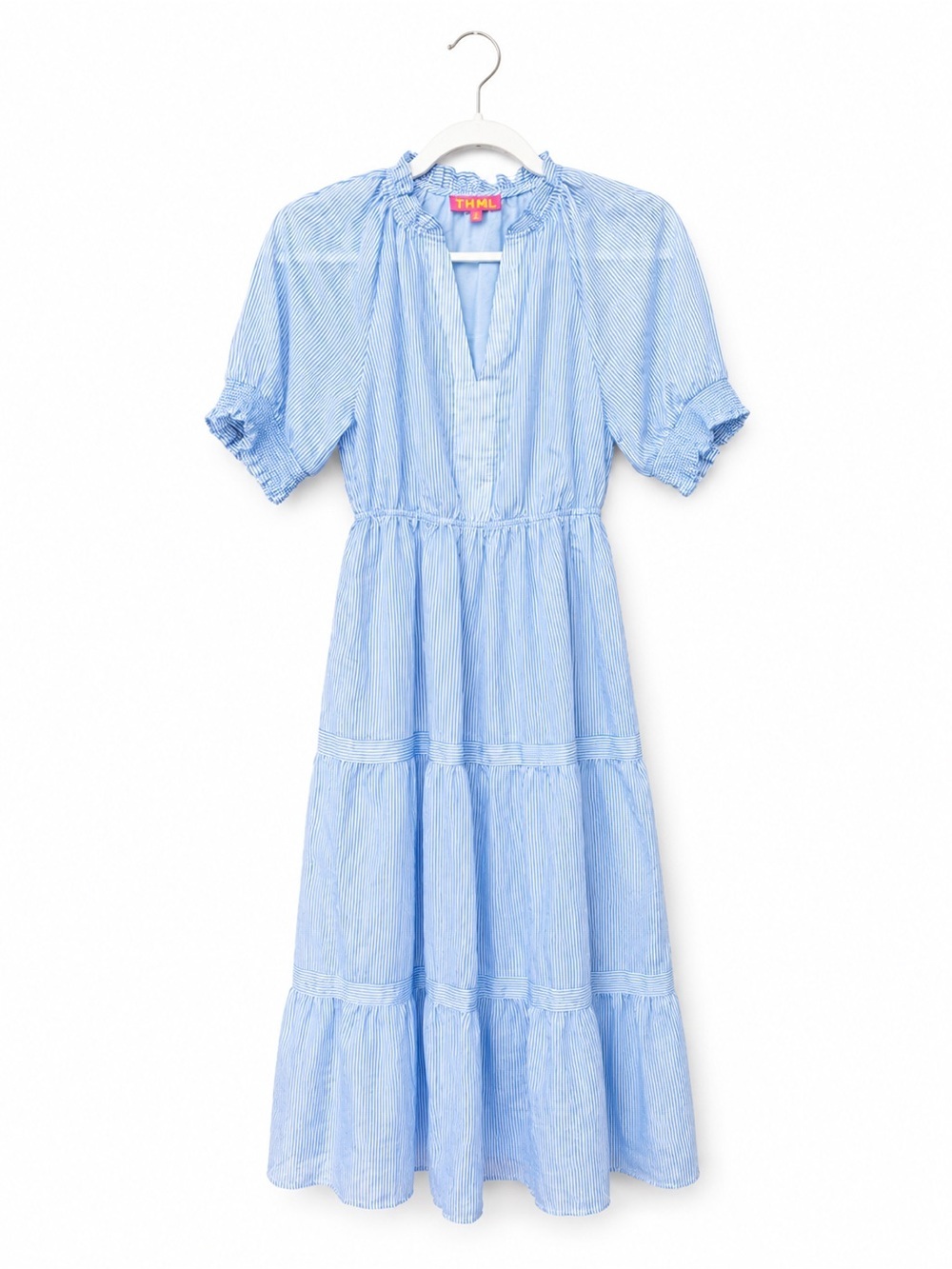 THML Maxi Dress Tiered Blue White Stripe Praire cottage core baby shower gender